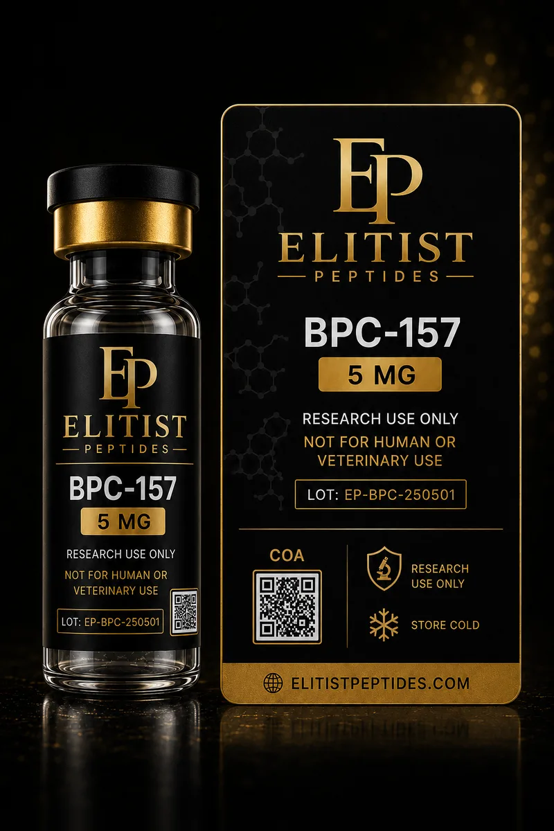 BPC-157 5 mg vial and carton, black and gold packaging