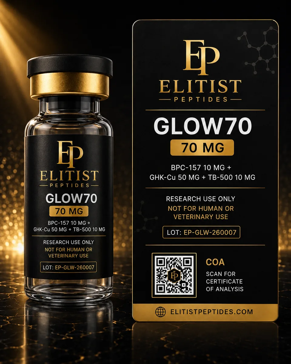 EP-B70 GHK-Cu / BPC-157 / TB-500 Blend 70 mg vial and carton, black and gold packaging