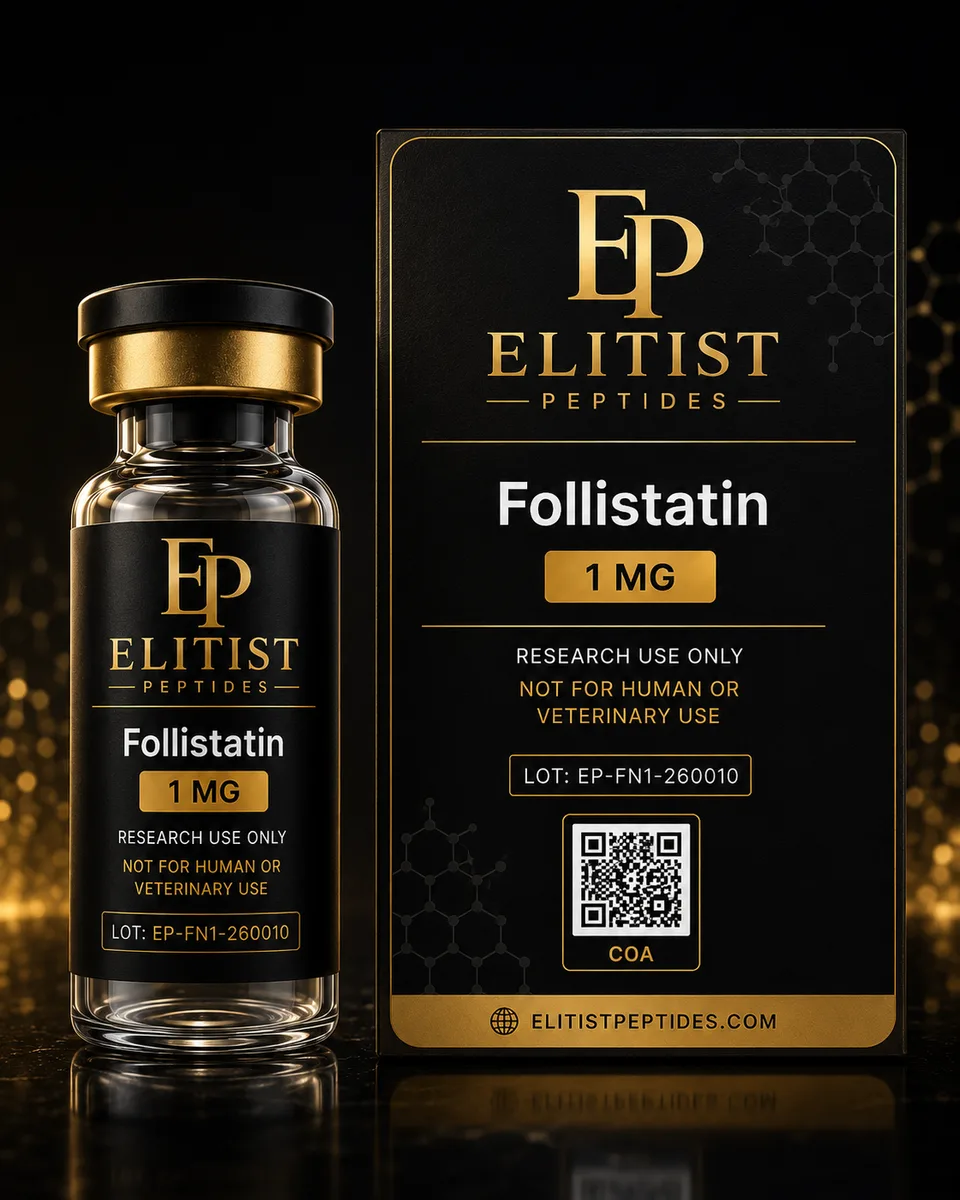 Follistatin 1 mg vial and carton, black and gold packaging
