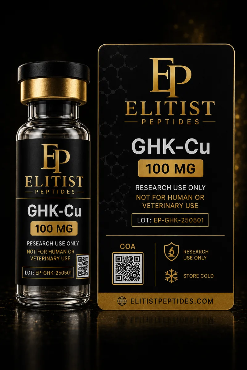 GHK-Cu 100 mg vial and carton, black and gold packaging