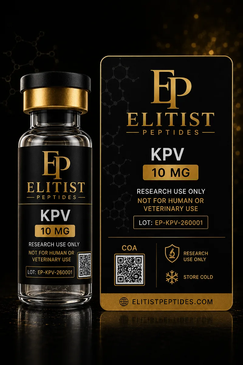 KPV 10 mg vial and carton, black and gold packaging