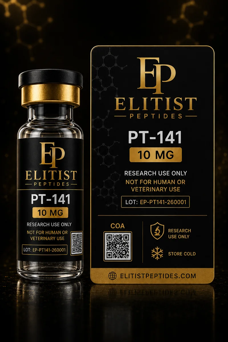 PT-141 10 mg vial and carton, black and gold packaging